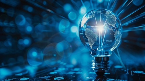 A blue light bulb with the world inside glowing, radiating beams of energy on an abstract background. The globe is detailed and translucent, surrounded by rays that form dynamic patterns around it. This scene symbolizes innovation in technology or global connectivity. The photo was shot using a Fujifilm GFX 50S camera, wide angle lens, with sharp focus on earth and a blurred background with a blue color theme and high resolution, in the style of a photo shoot.
