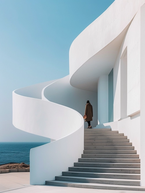 A white building with stairs and spiral walls, in the style of Tadao Ando, with a woman in a coat walking up the steps, on top of a cliff overlooking the sea, minimalism, archdaily photography, high resolution.