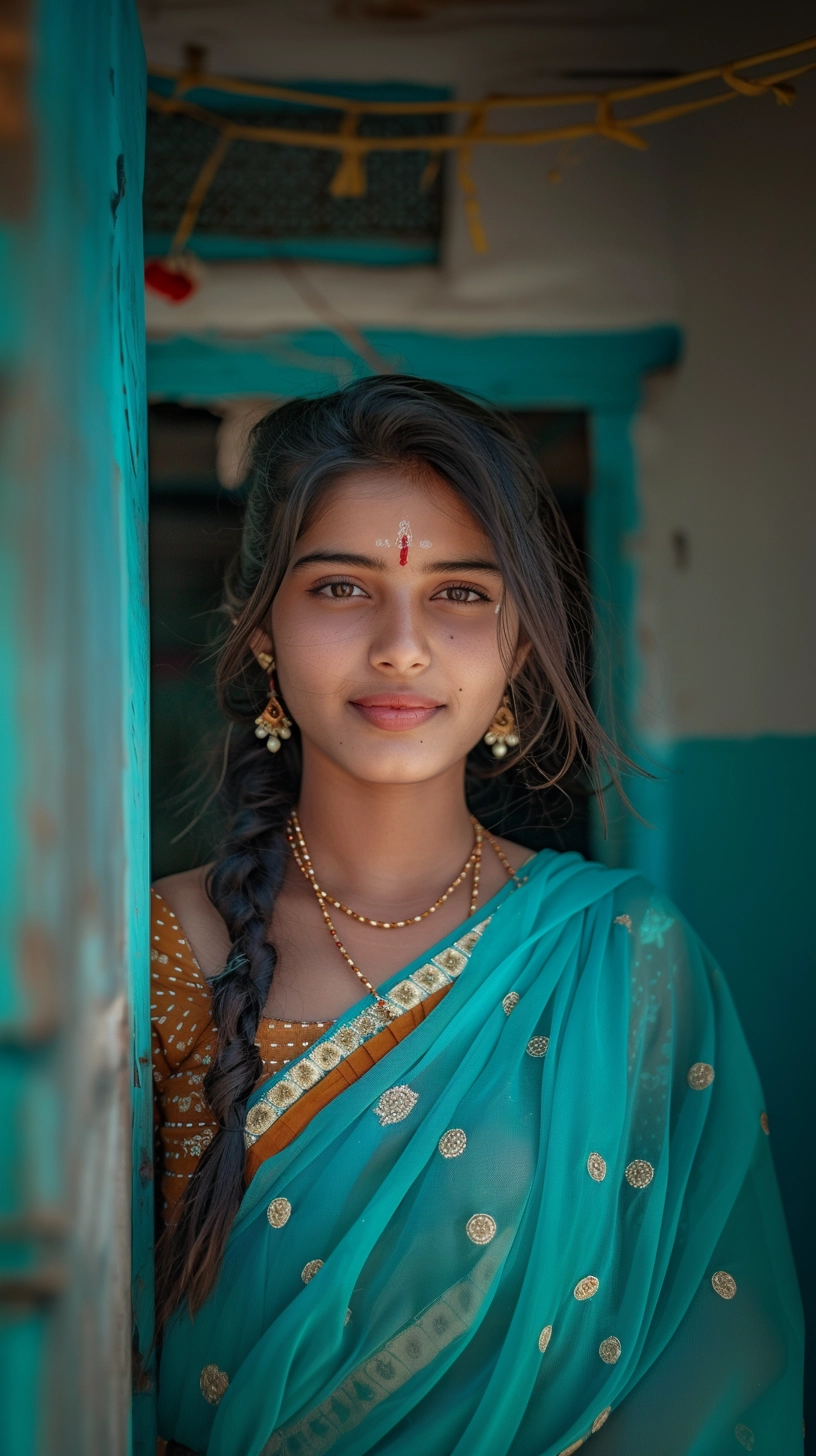 portrait of a 19-year-old Indian woman in traditional village dress, directly at the camera