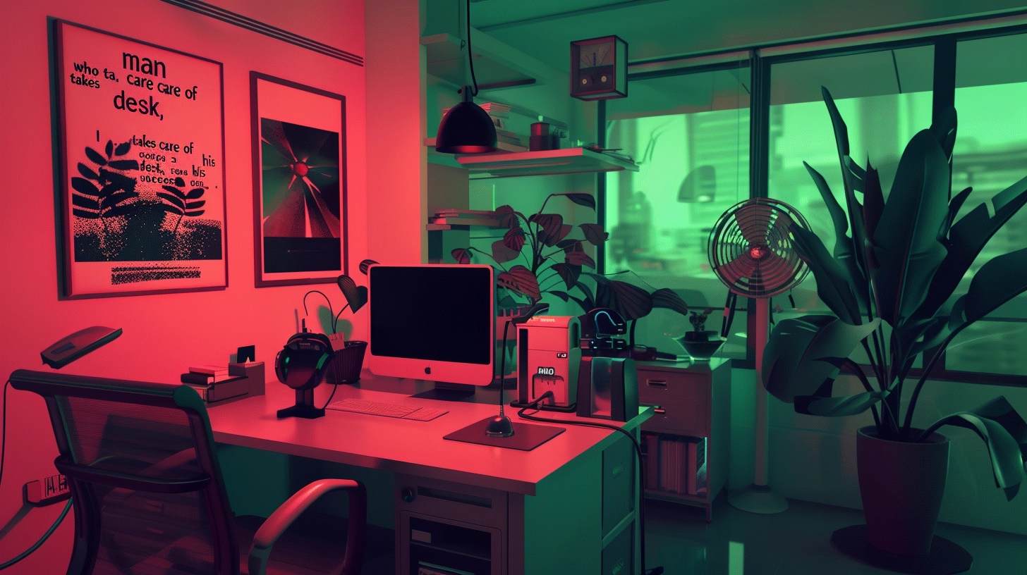 "a man who takes care of his desk, takes care of his success", red and mint green color tones, tech gadgets, desk organizers, pop art pen holder, personal desk fan, phone charging pad, cord management