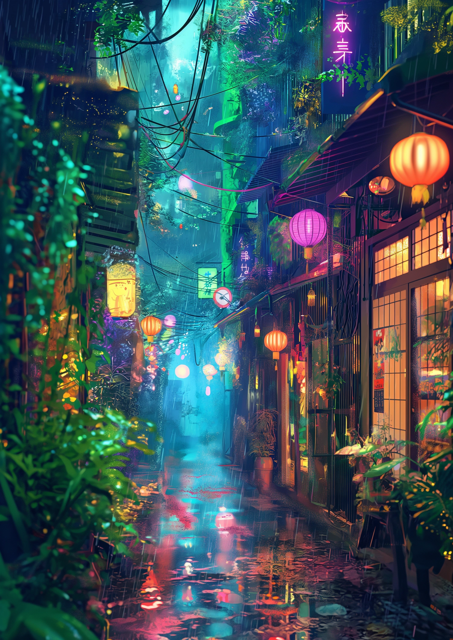 an alley in the city of mushroom, colorful neon and buildings, a cozy bar with hanging lanterns is on one side, there's an overcast sky with raindrops shining down onto it, the street looks wet from puddles of water, there's lush green plants around, anime art style, vibrant colors, detailed