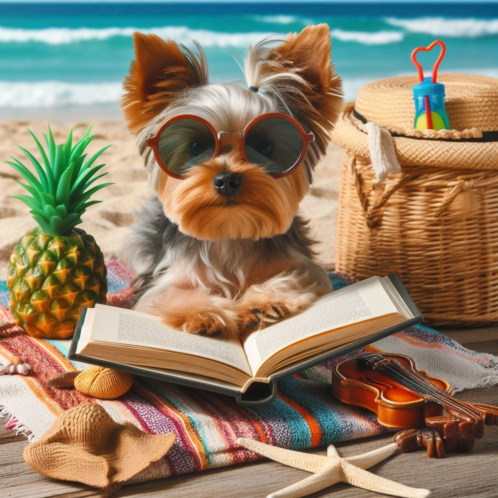 Funny Yorkshire Terrier reading a book while vibes on the beach