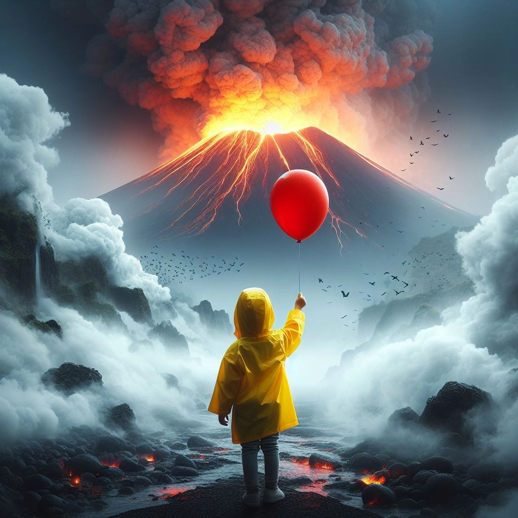 A boy wearing a yellow rain coat holding a red ballon, standing in front of a smokey volcano, digital art