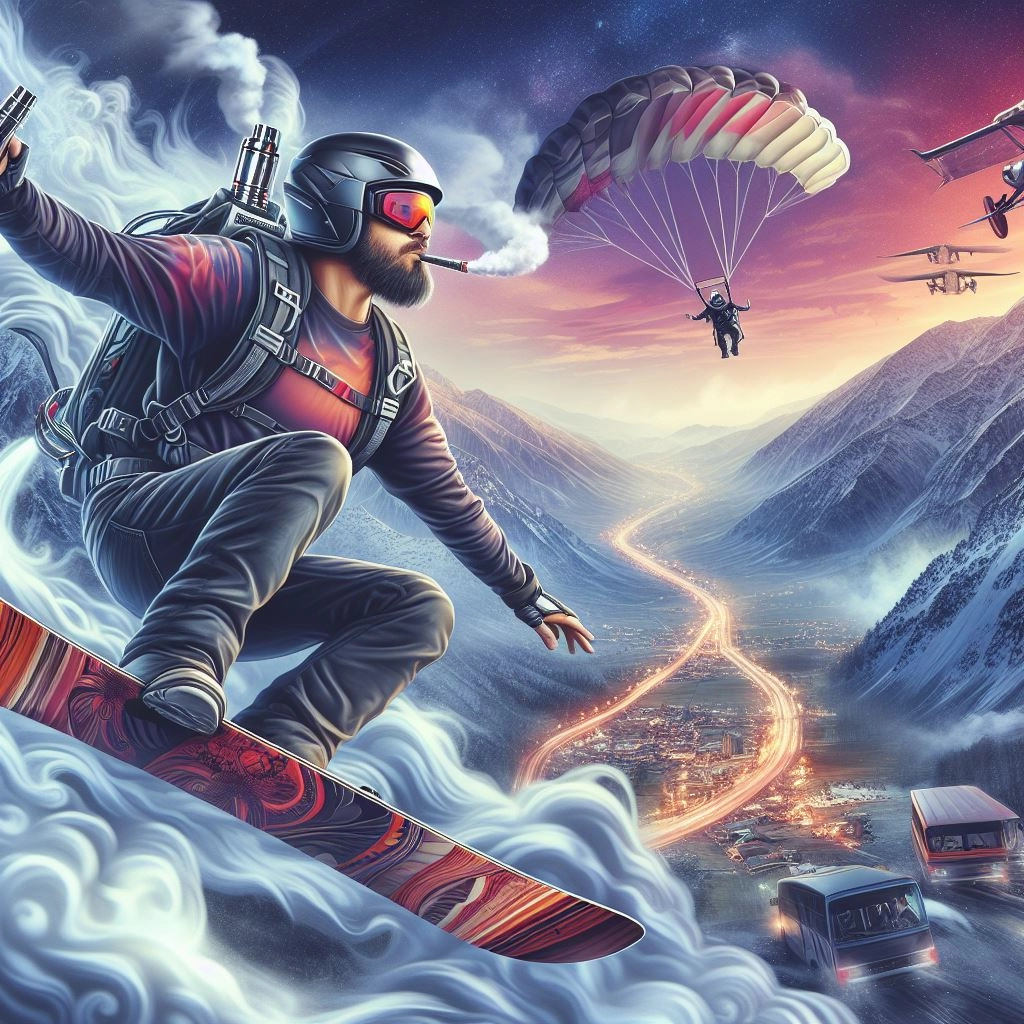 A man who skydives and snowboards in the mountains while vaping