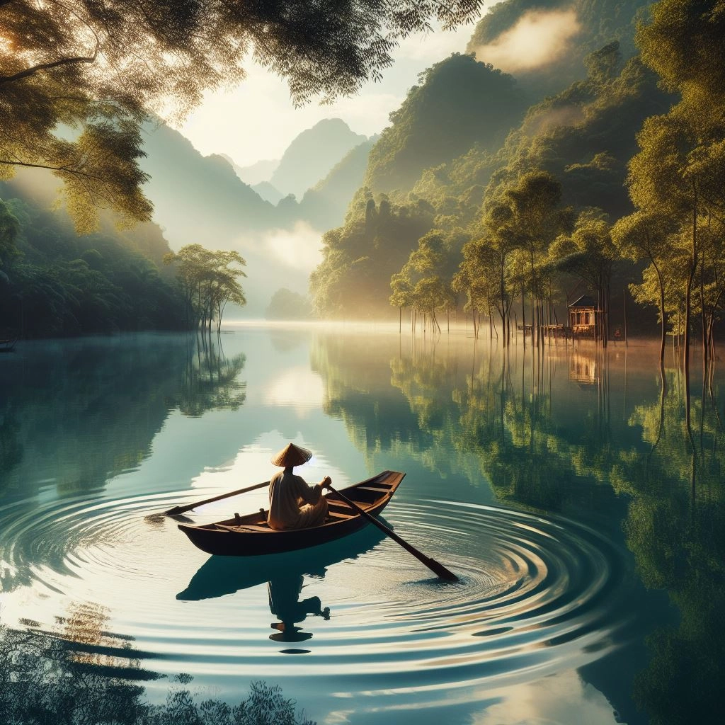 Man gracefully rowing a boat on a tranquil lake, surrounded by nature reflections
