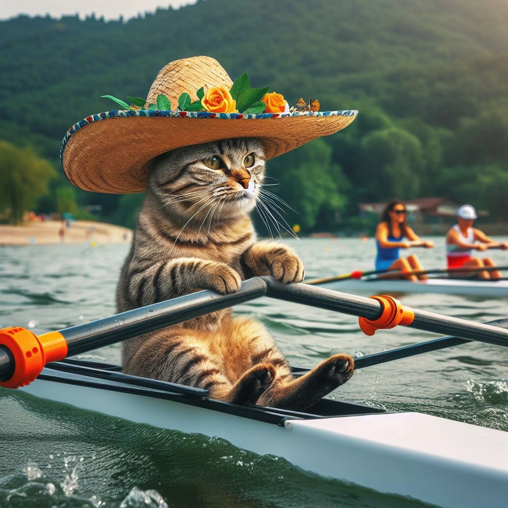Portraying a cat enthusiastically rowing in a sporting spectacle on the lake, infusing a humorous twist into the world of water sports for feline athletes