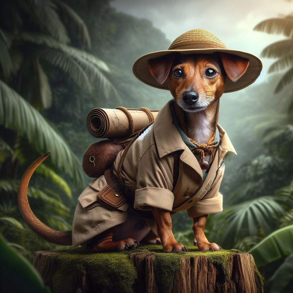 a brown rat terrier dressed as a jungle explorer, digital art