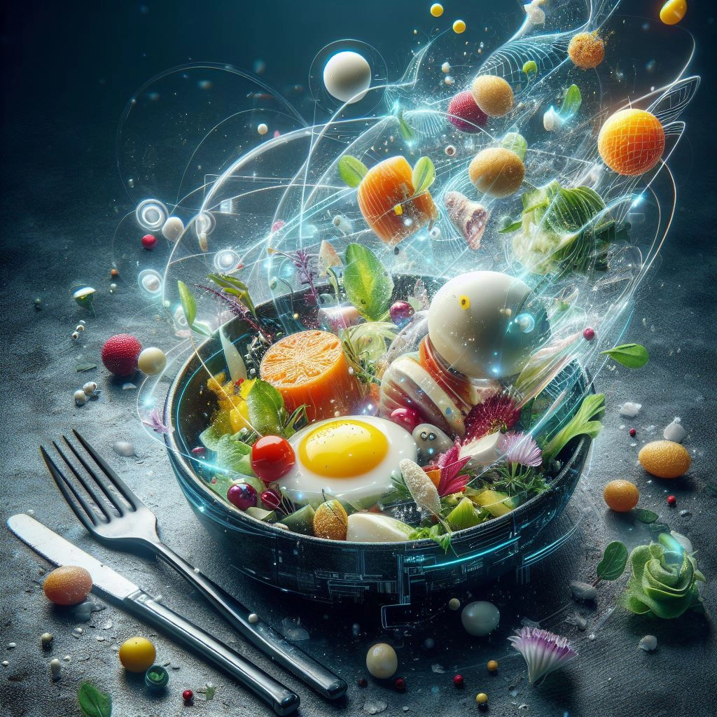 Visually stunning and appetizing image of a futuristic fusion dish that combines unexpected flavors and ingredients, transcending traditional culinary boundaries. The dish should be a feast for the eyes, evoking a sense of innovation and delight in the realm of gastronomy