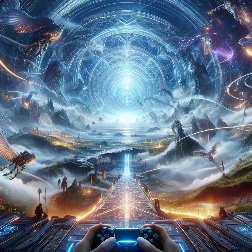 Imagine an epic and otherworldly scene from a next-generation video game, featuring a mesmerizing landscape with fantastical creatures, advanced technology, and a dynamic interplay of light and shadows. Your task is to generate an awe-inspiring image that captures the essence of a cutting-edge gaming experience, leaving players eager to explore the virtual realms you've brought to life