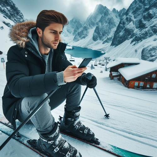 man driving ski in mountain area covered with snow while looking at his phone