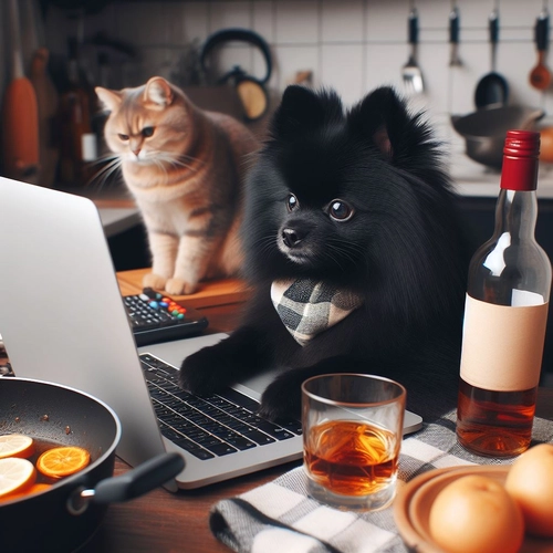 Black mini spitz dog working on laptop and drinking whiskey while cat cooking