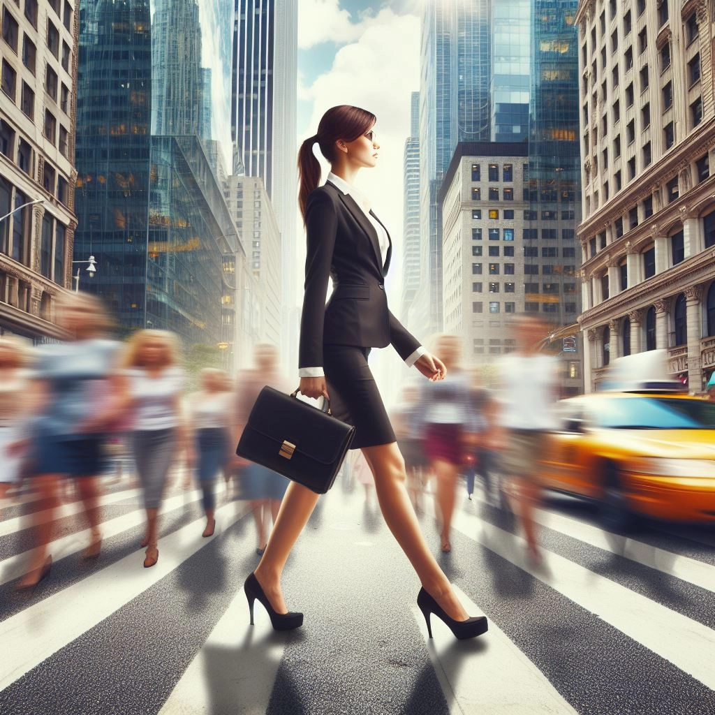 business woman walking in big town