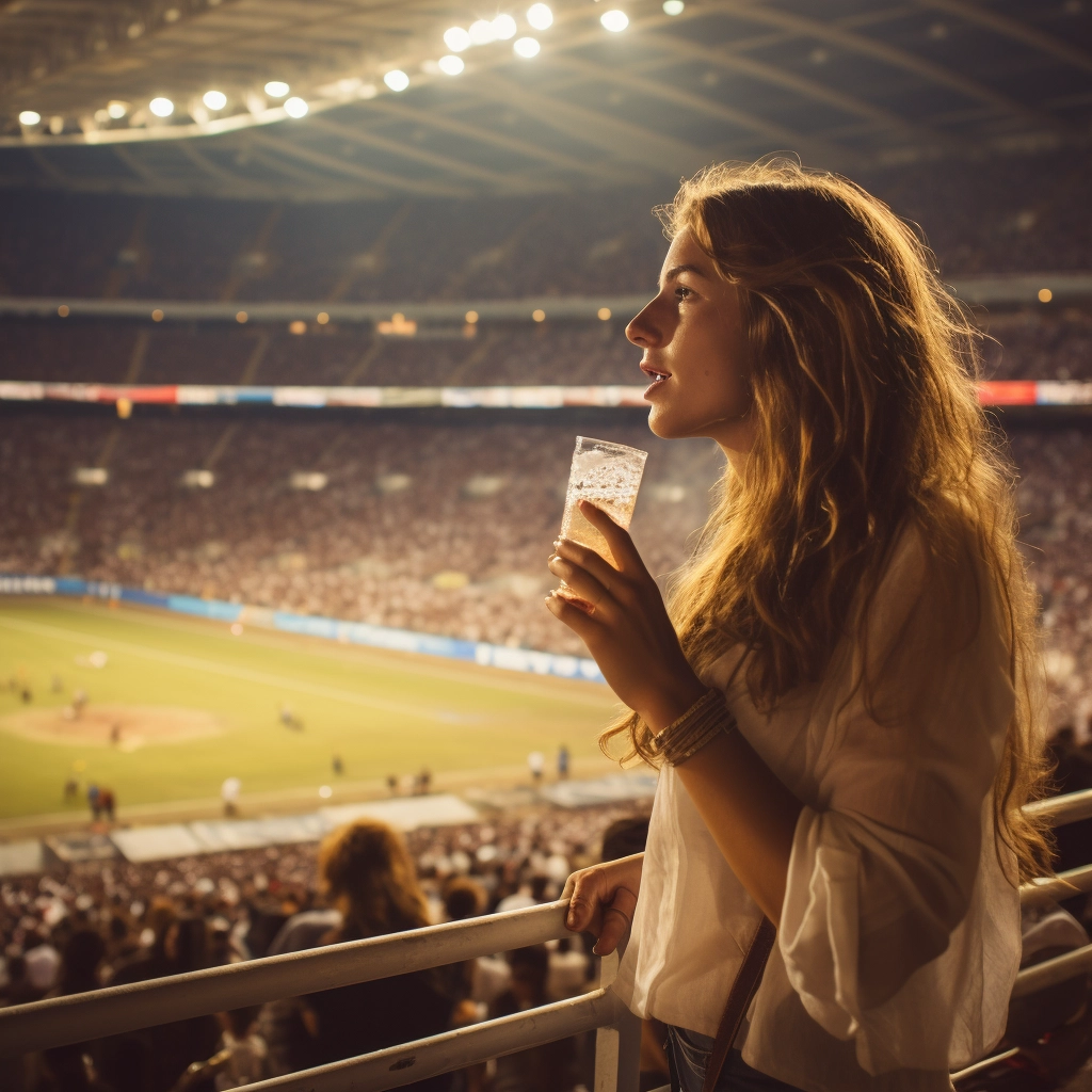 woman drinking water in football stadium
