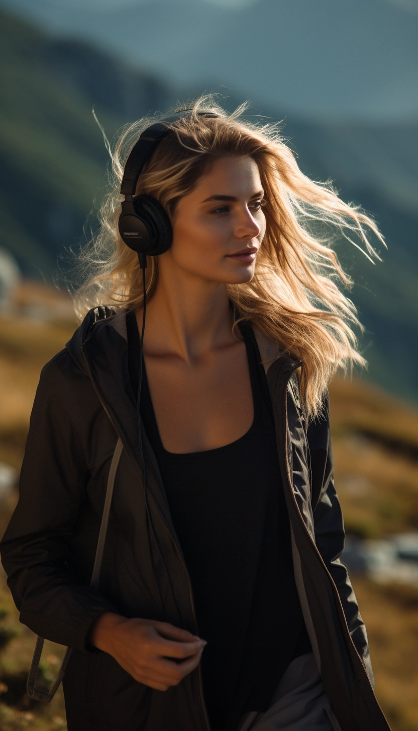 woman listening to music on headphones while walking in the mountains