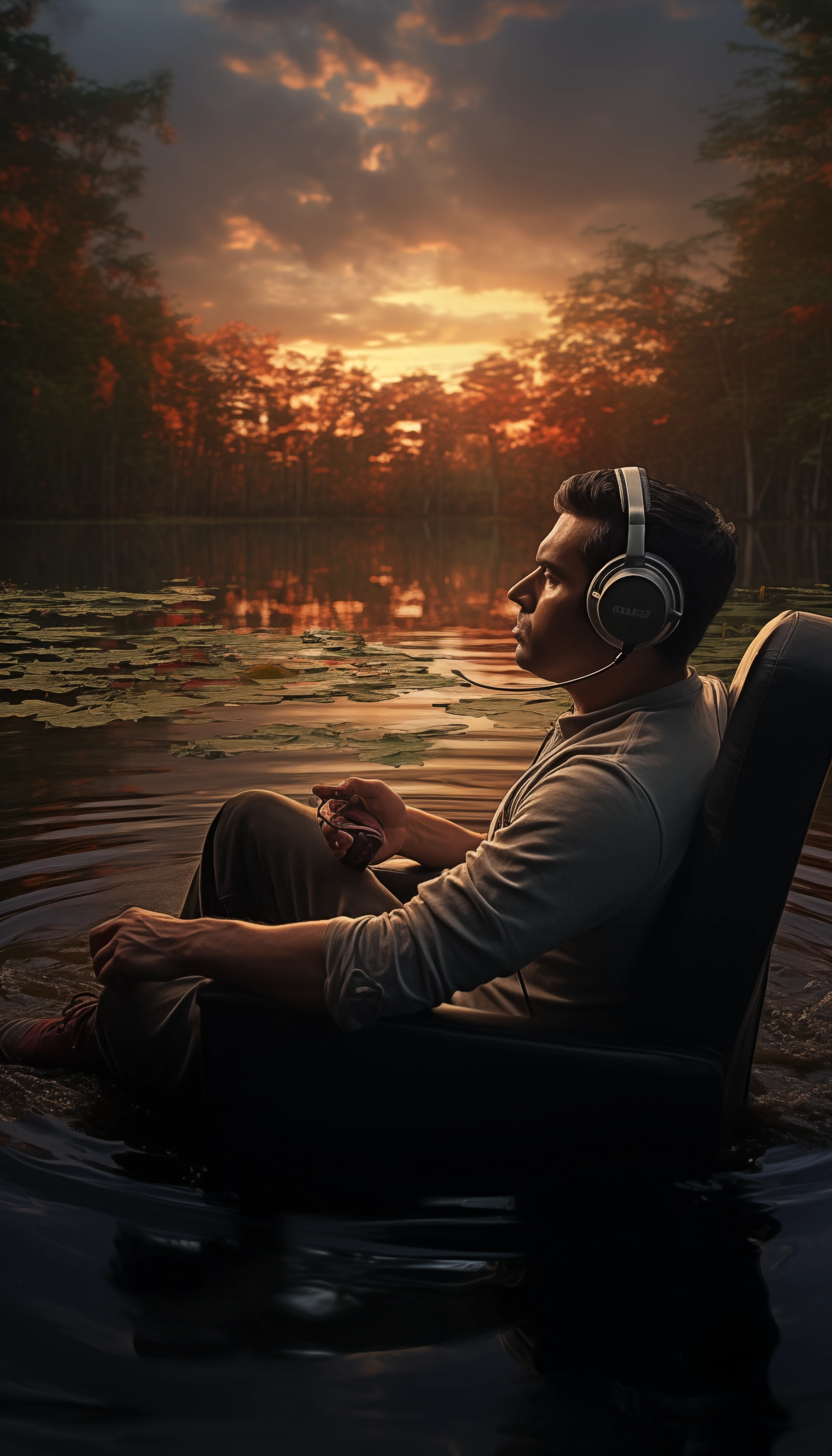 a man rowing in an abandoned lake listening to music on headphones