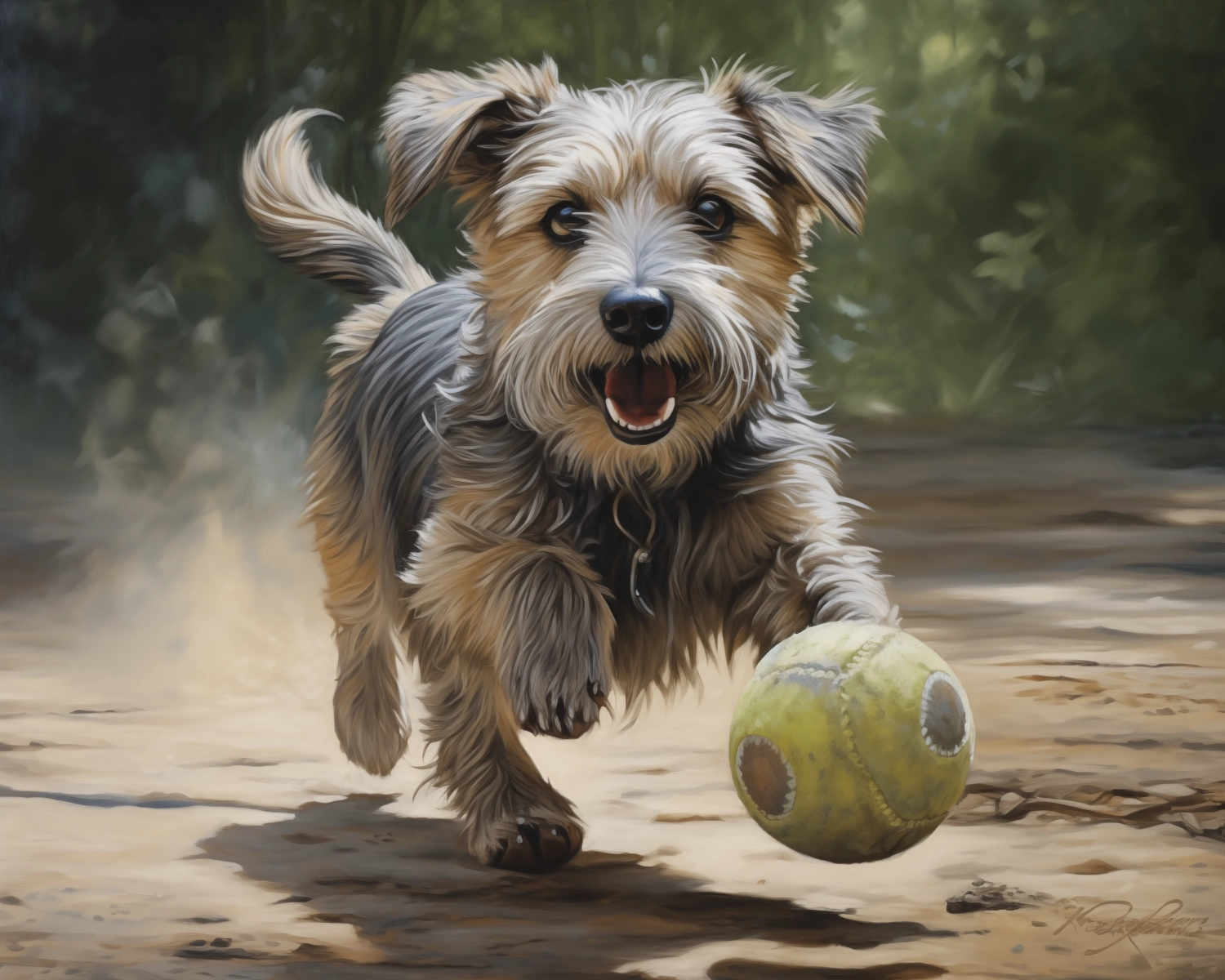 A realistic painting of a dog playing with a ball