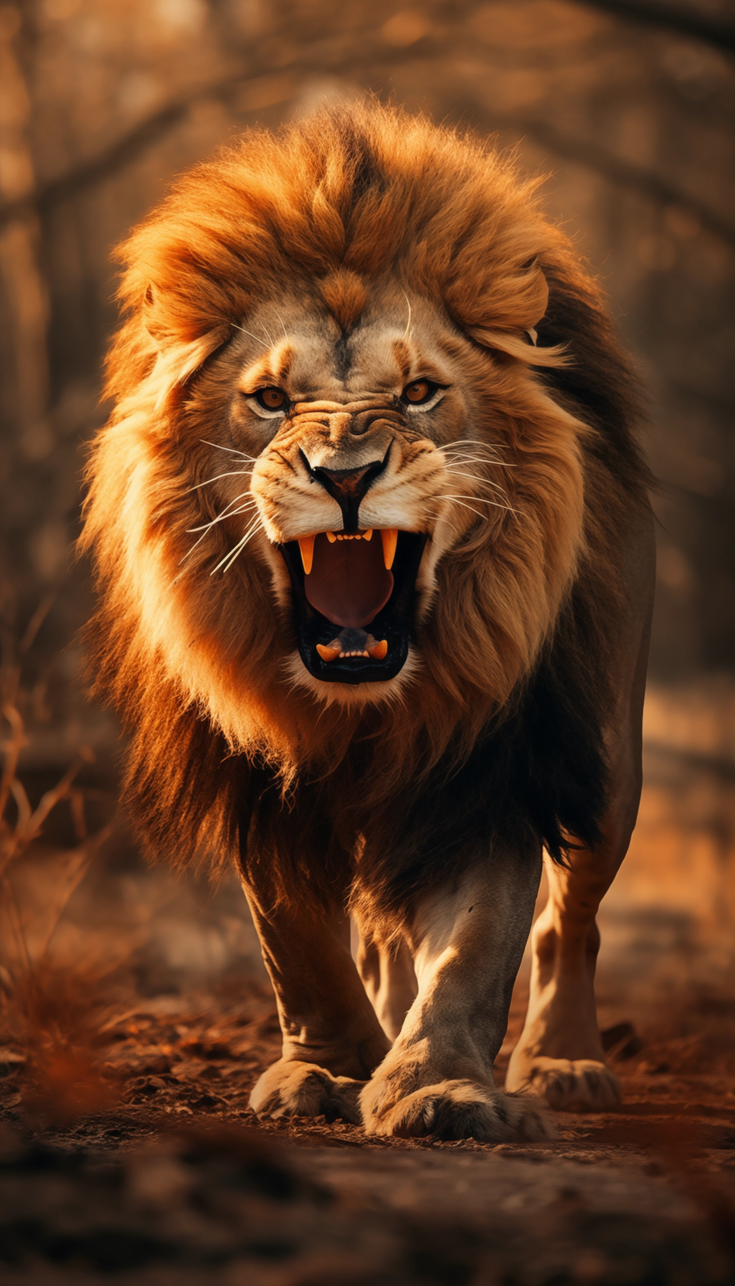 A realistic photo of a lion roaring in the savannah