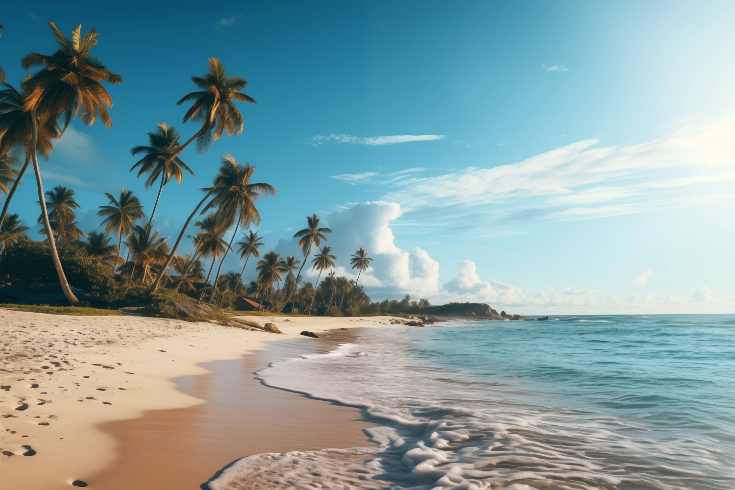 A realistic photo of a beach with palm trees