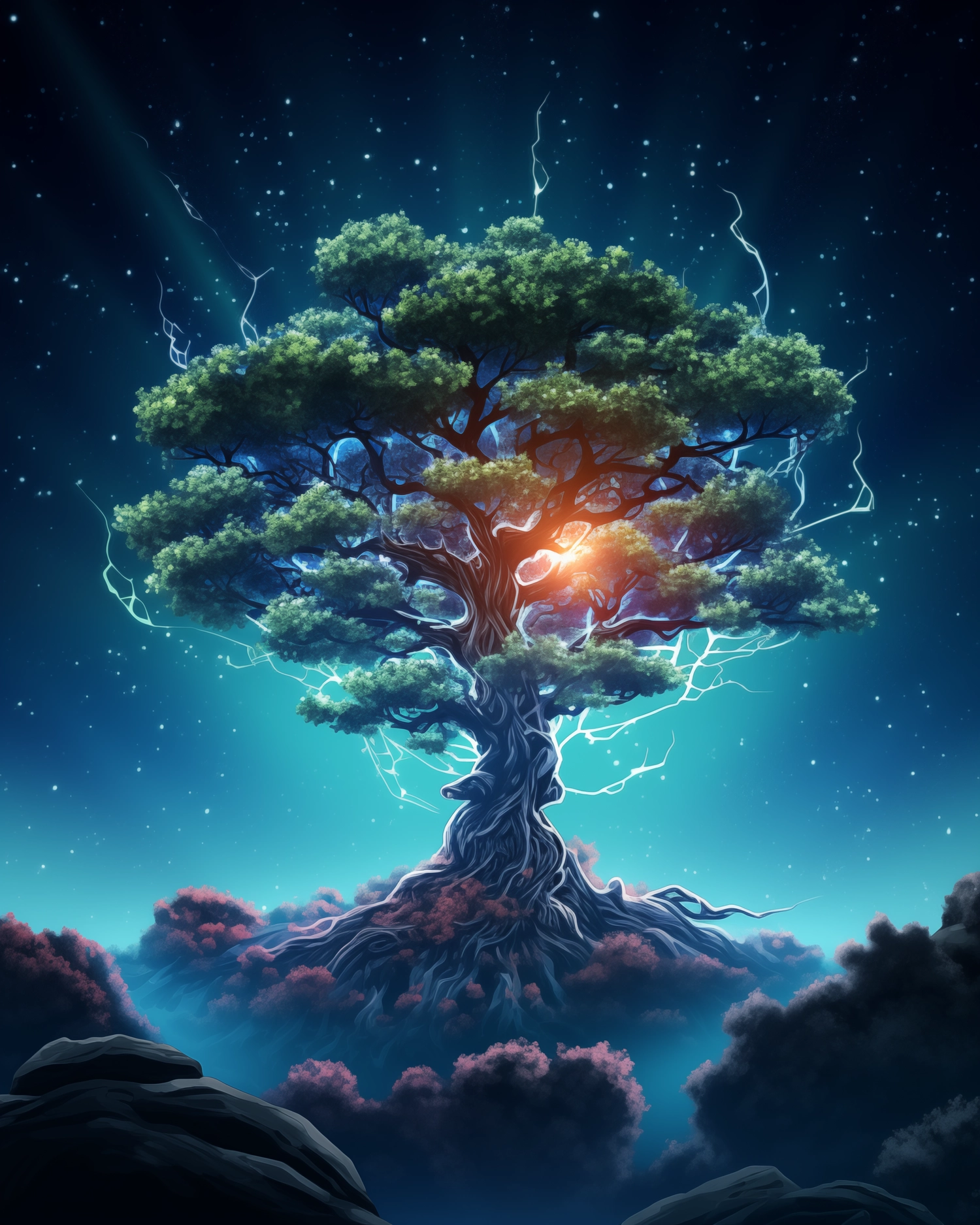 Stylized illustration of a tree growing in space