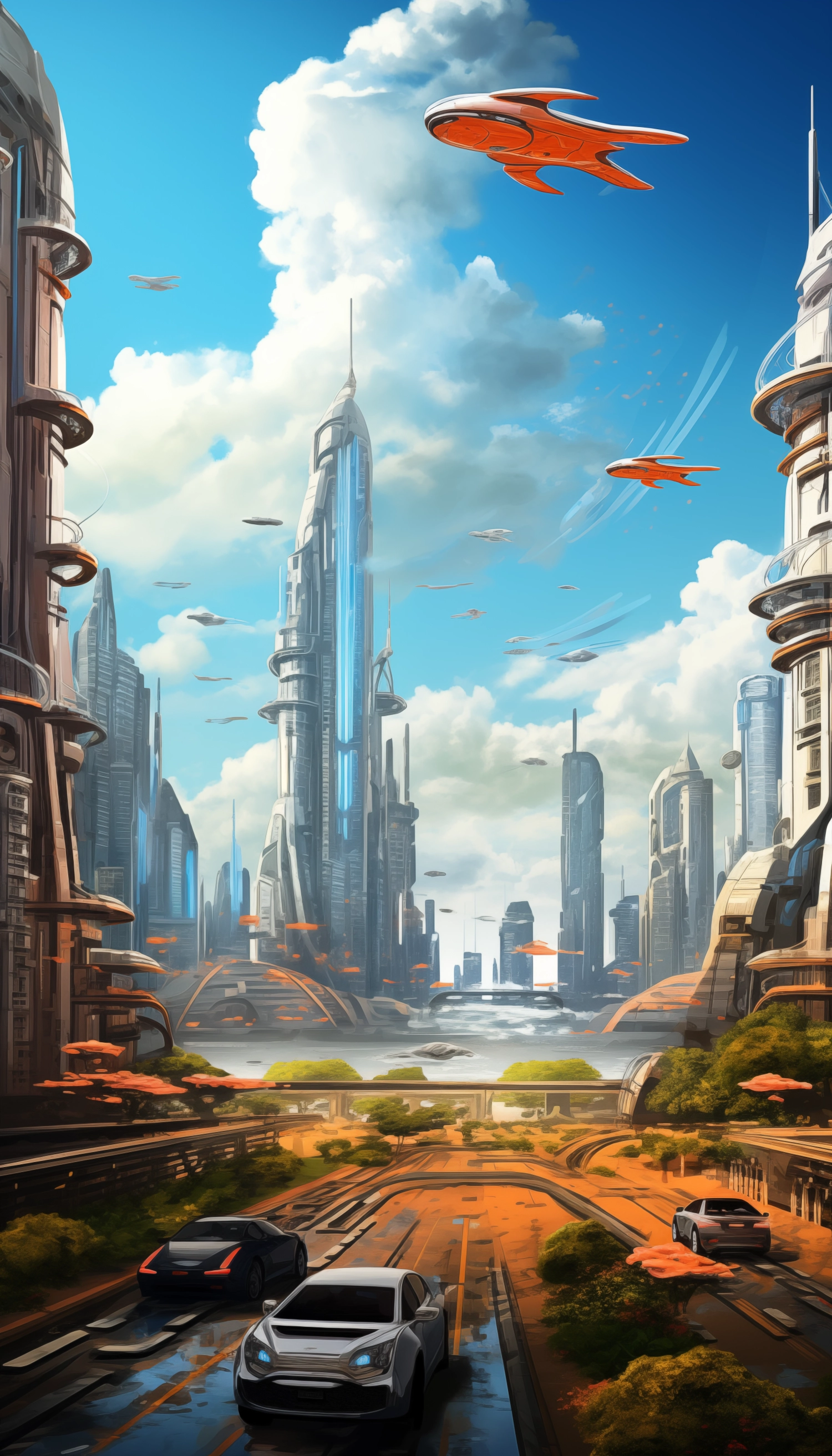 A futuristic cityscape with flying cars and towering skyscrapers