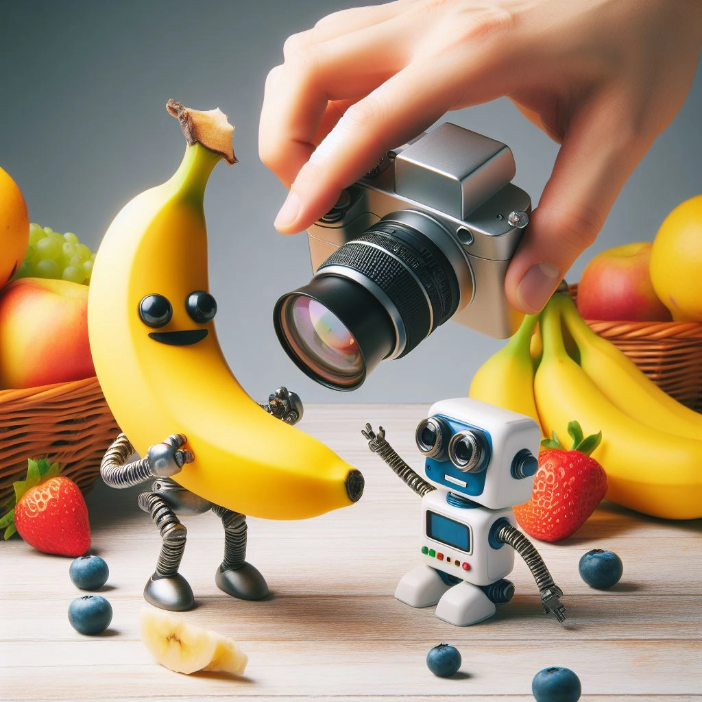 Create a humorous scene with a funny banana in the hands of a robot attempting to learn how to eat fruits