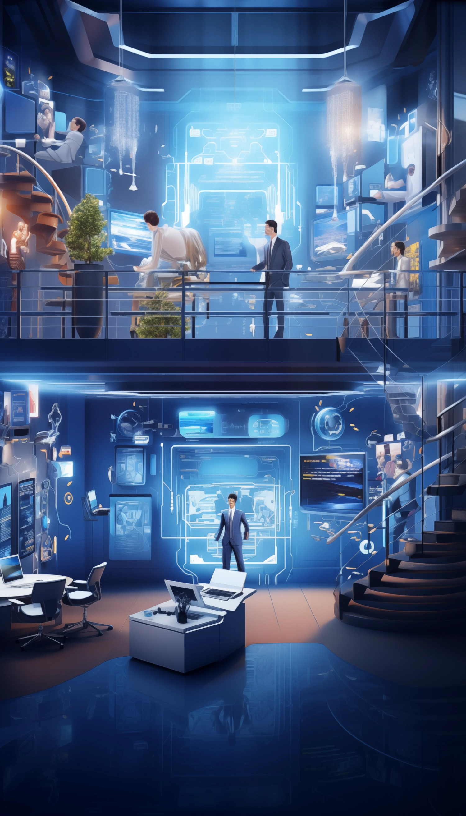 Depict a futuristic office environment where artificial intelligence plays a central role in enhancing productivity and collaboration. Showcase AI-powered tools, virtual assistants, and automated workflows transforming the traditional workplace into a dynamic, efficient, and employee-friendly space