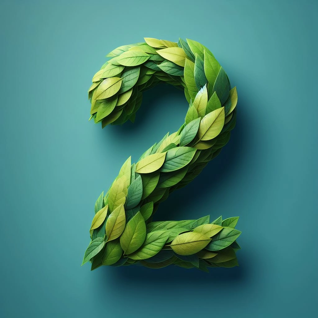 the number 2 made out of leaves, on a teal background, photorealistic