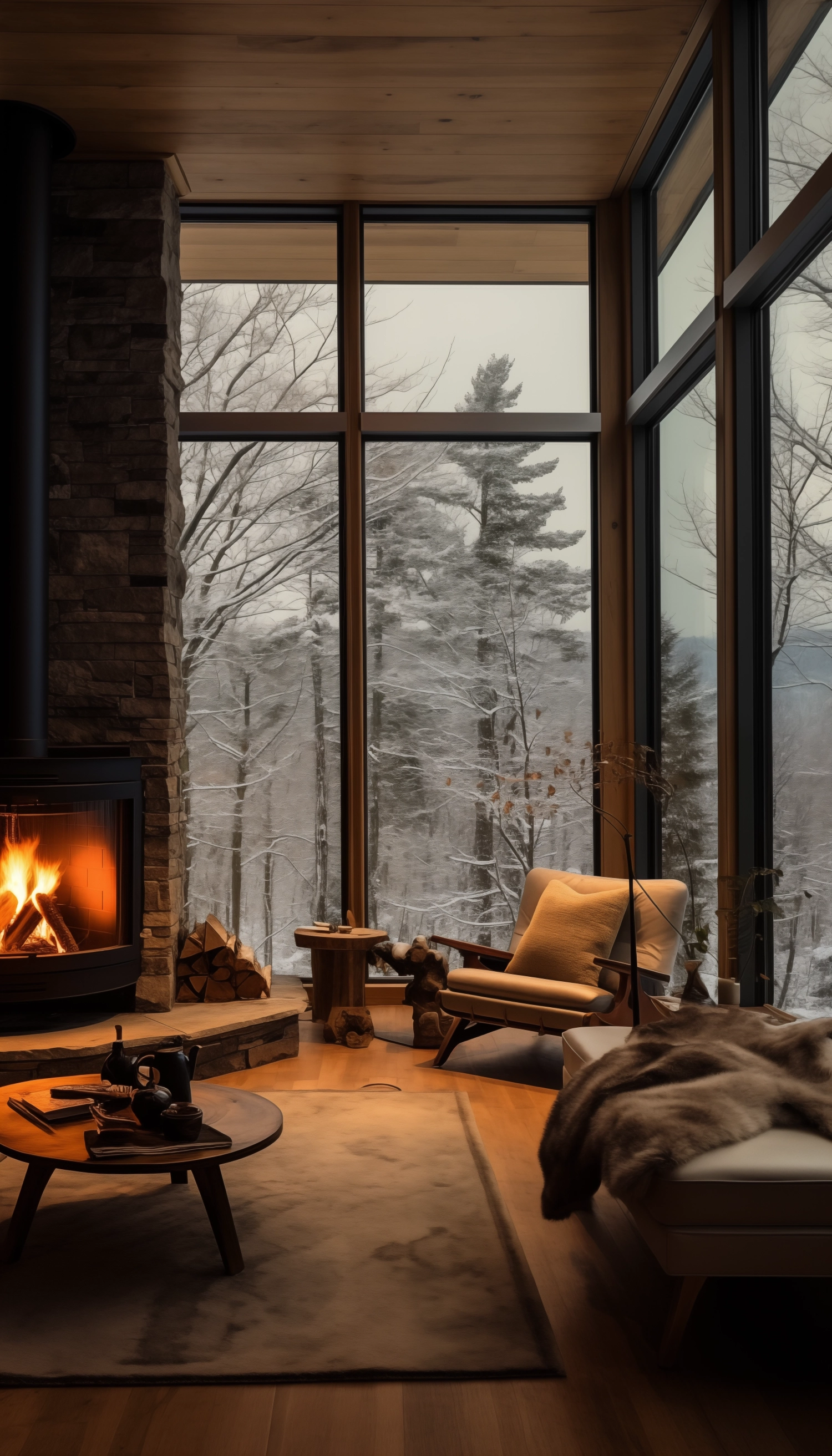 Wood-burning fireplace in a room with a large window through which you can see a winter landscape