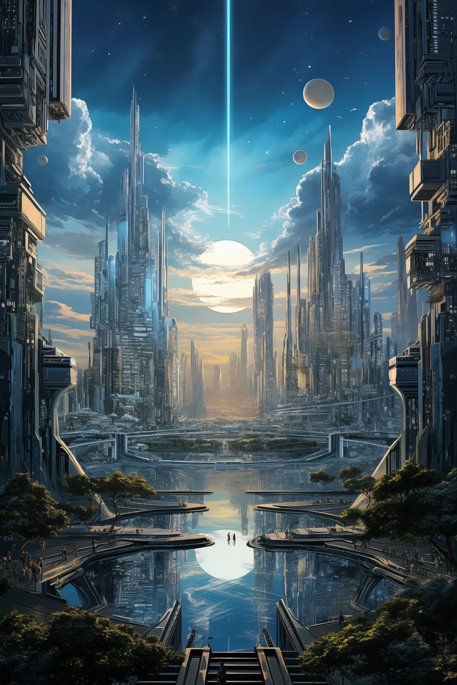 A surreal and futuristic landscape with a cityscape hovering above a bustling metropolis, reminiscent of the phrase "The future is now"