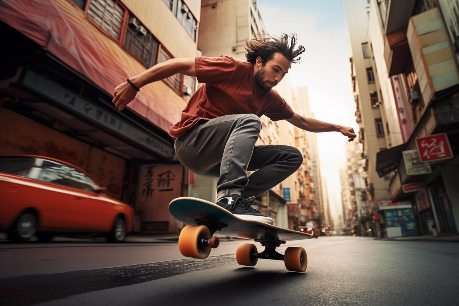 Man skateboarding in urban setting