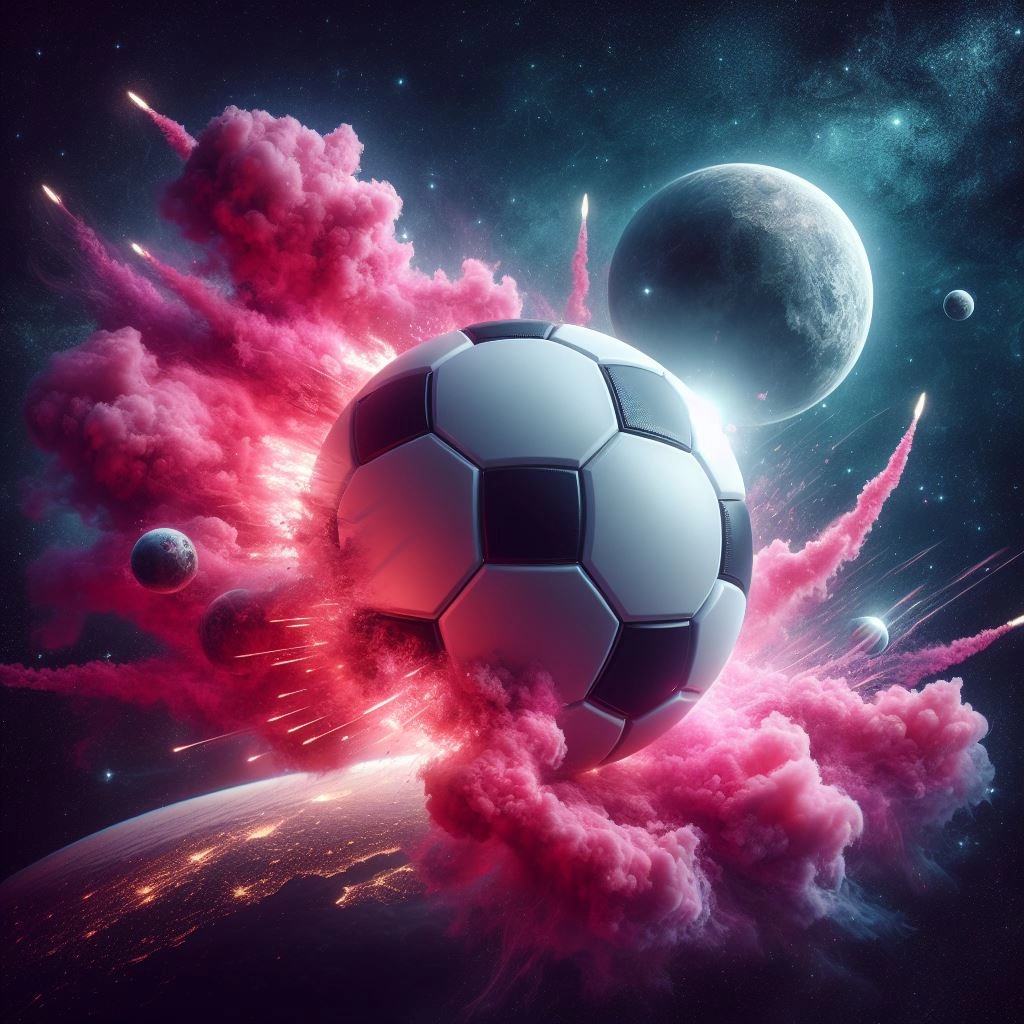 a photo realistic soccer ball as a planet in space with pink smoke and explosions, with 2 moons in the background, digital art