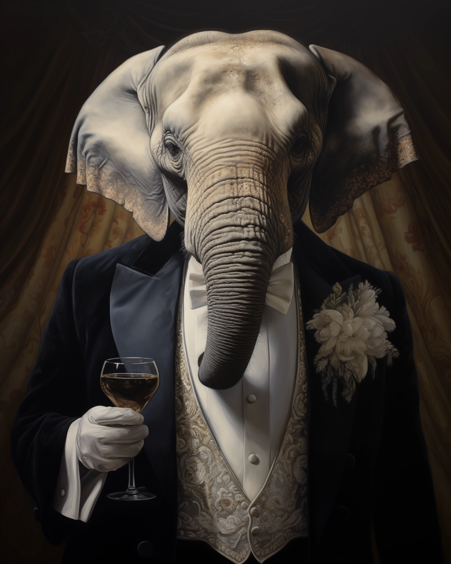 A renaissance painting of an elephant in a tuxedo