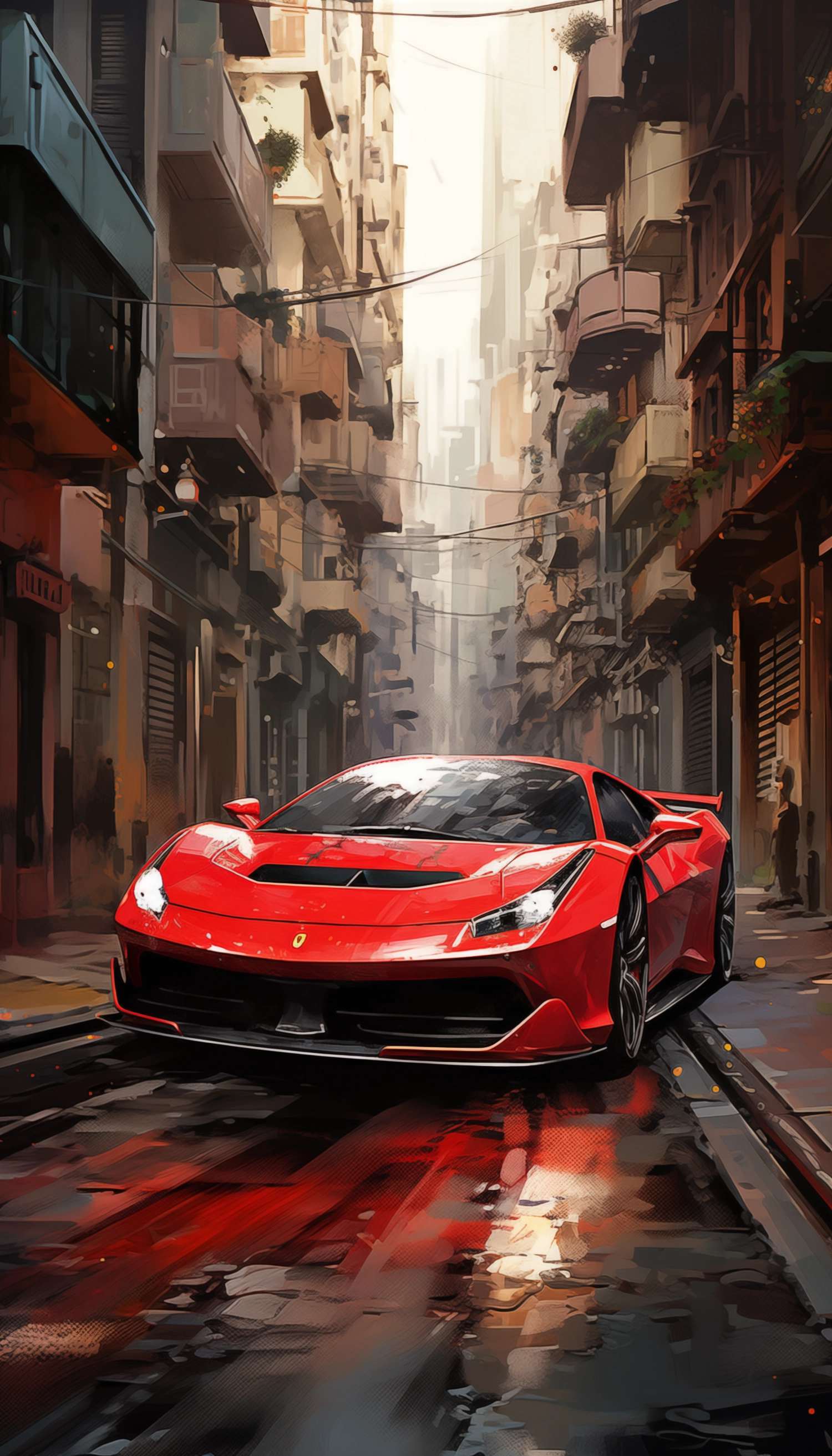 Red sports car maneuvering through narrow streets of a big city