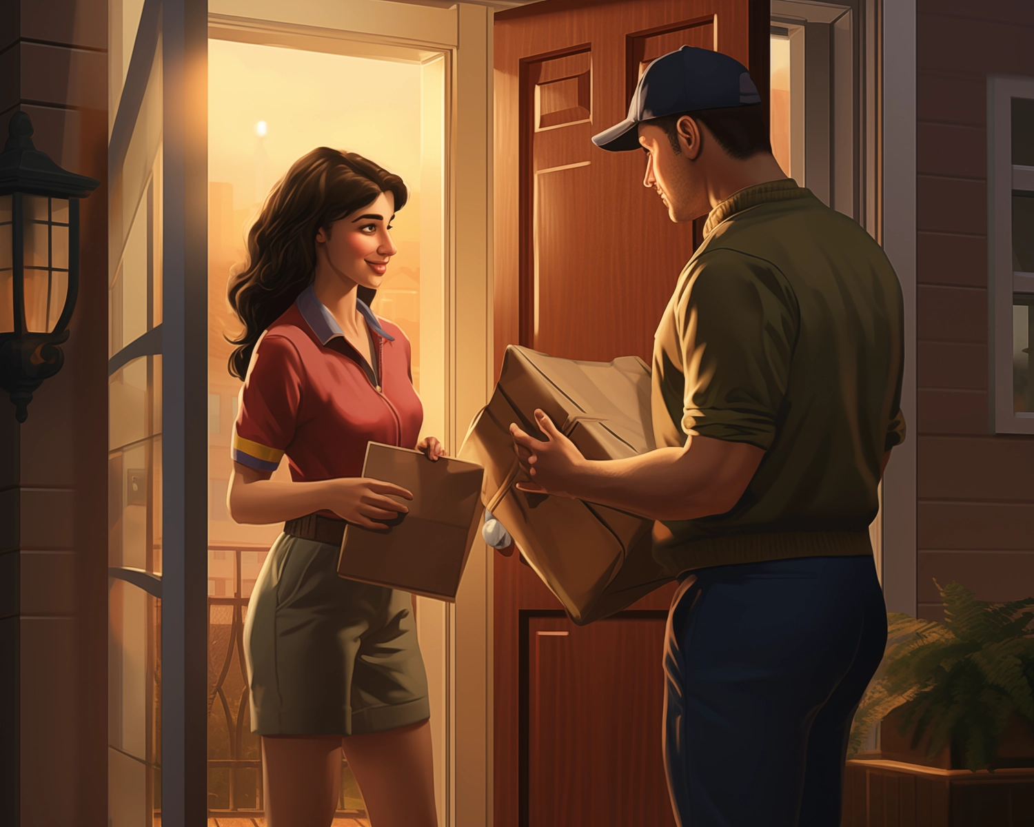 Image depicting a woman opening her front door while a delivery person hands her a bag of food