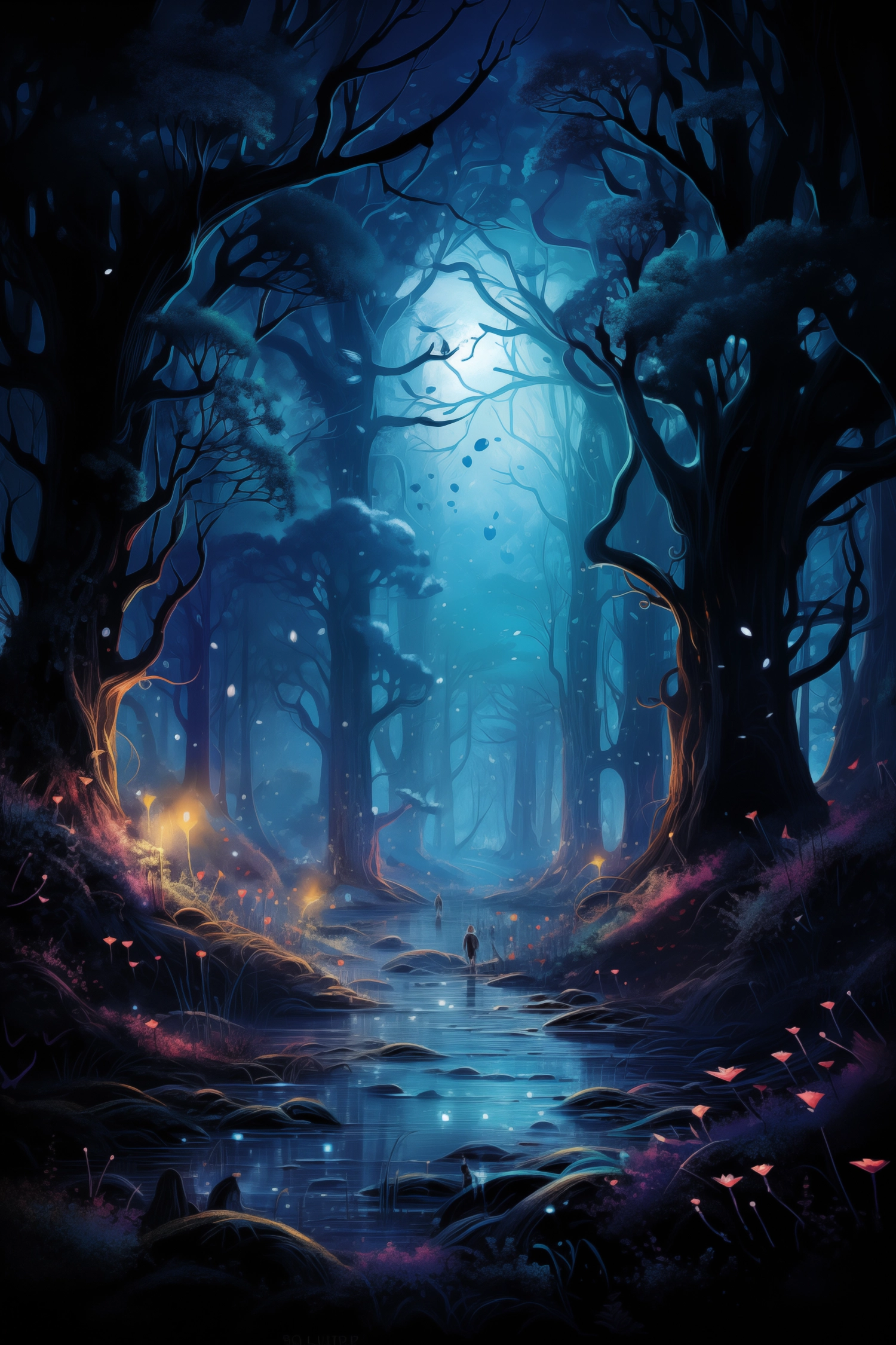 Visual representation of a mystical forest at dusk, where magical creatures emerge from the shadows and the trees are illuminated by bioluminescent plants