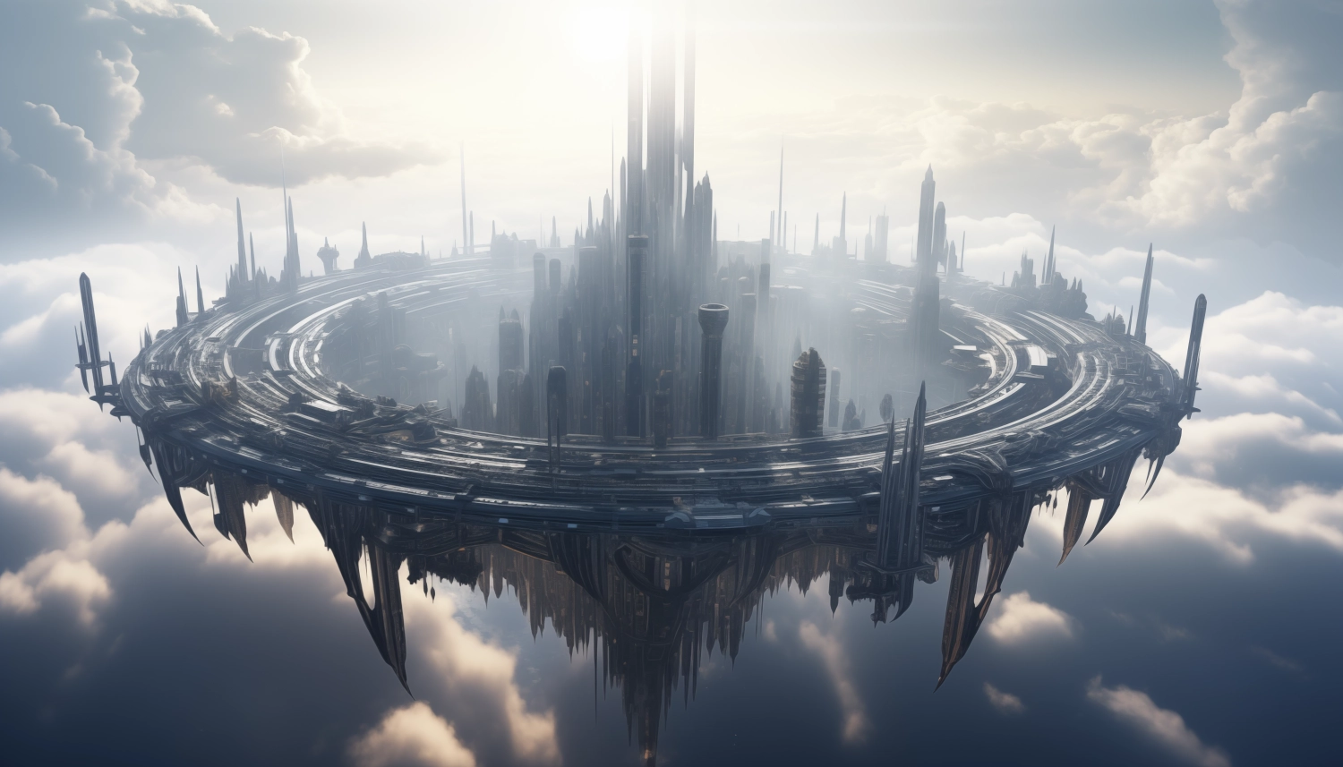 Dreamlike scene of a floating city in the clouds with gravity-defying structures and futuristic technology
