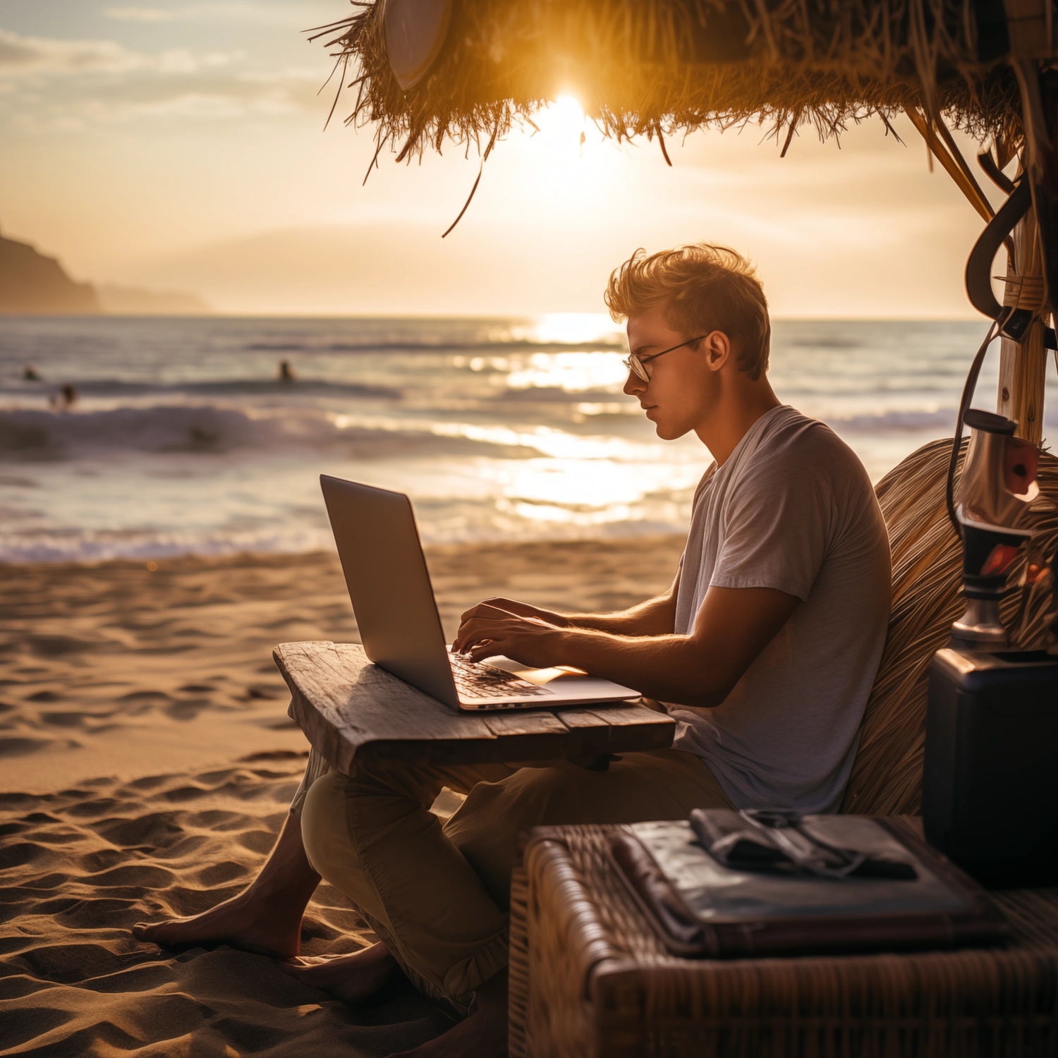 Boy working on laptop while vibe in beach with beautiful sea
