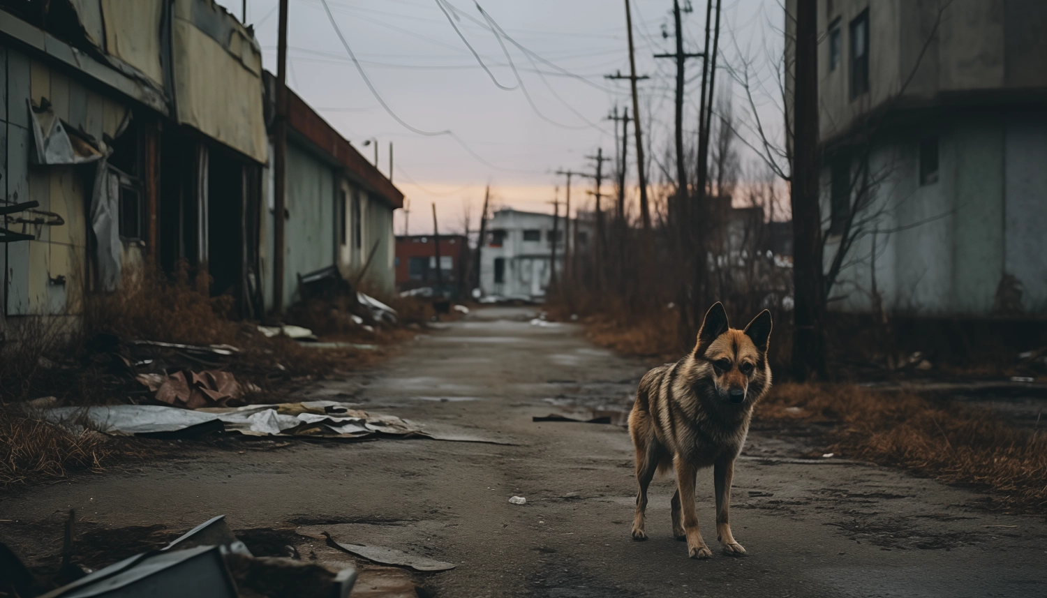 A dog walking down an abandoned street