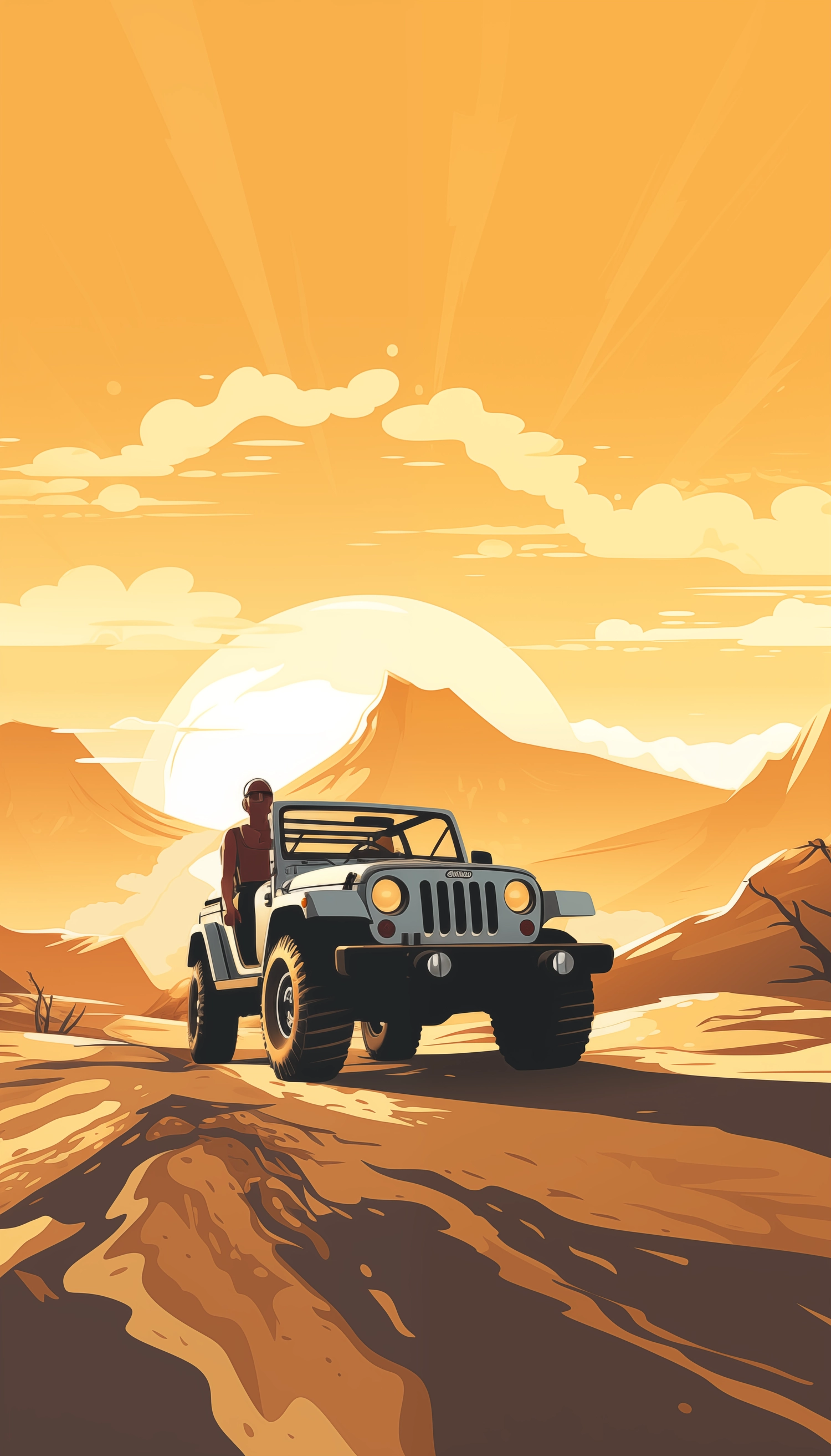 A man driving a jeep in a desert