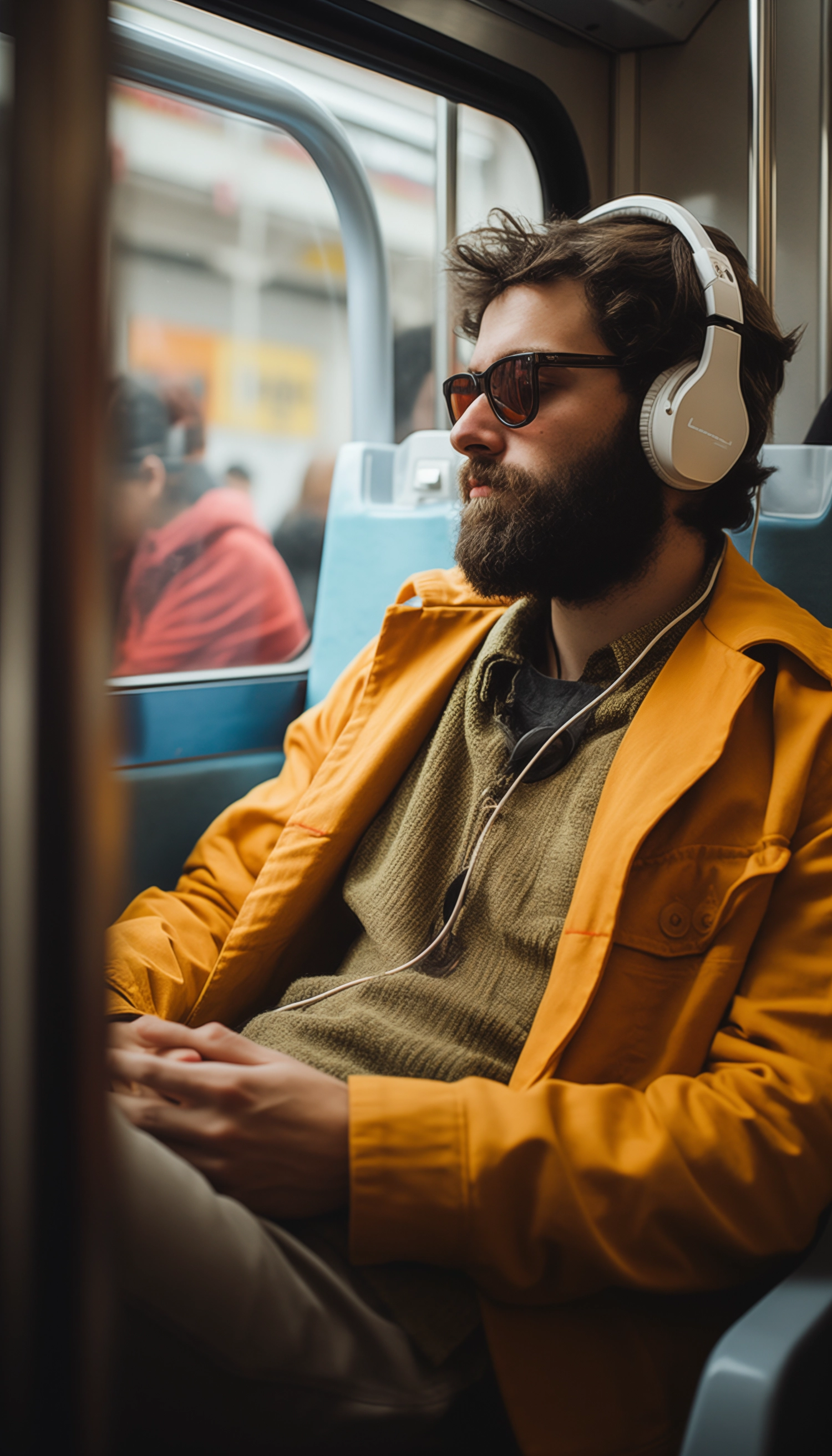 A man listening to music while traveling in public transport