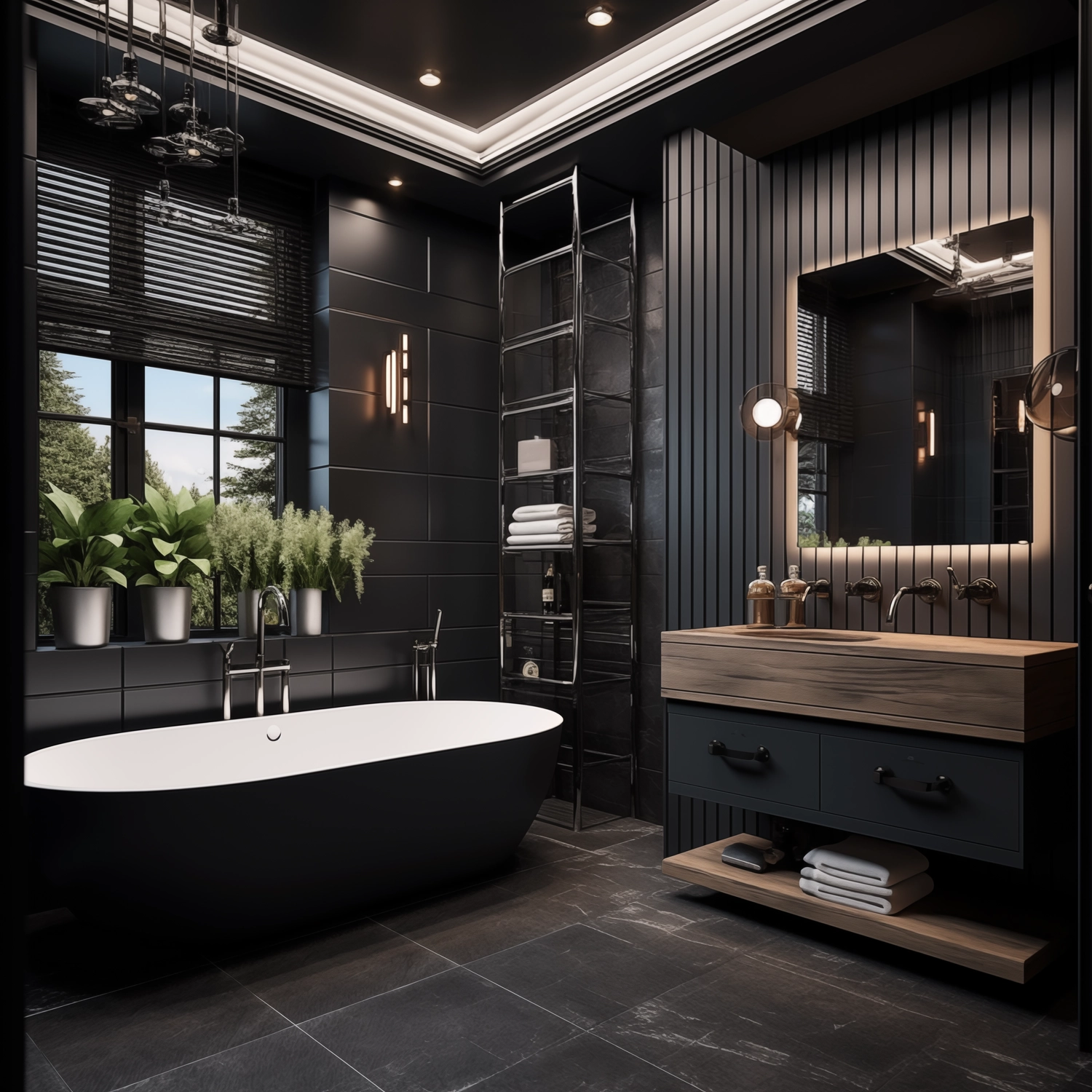 interior design for a bathroom with a luxury black color in combination with whood