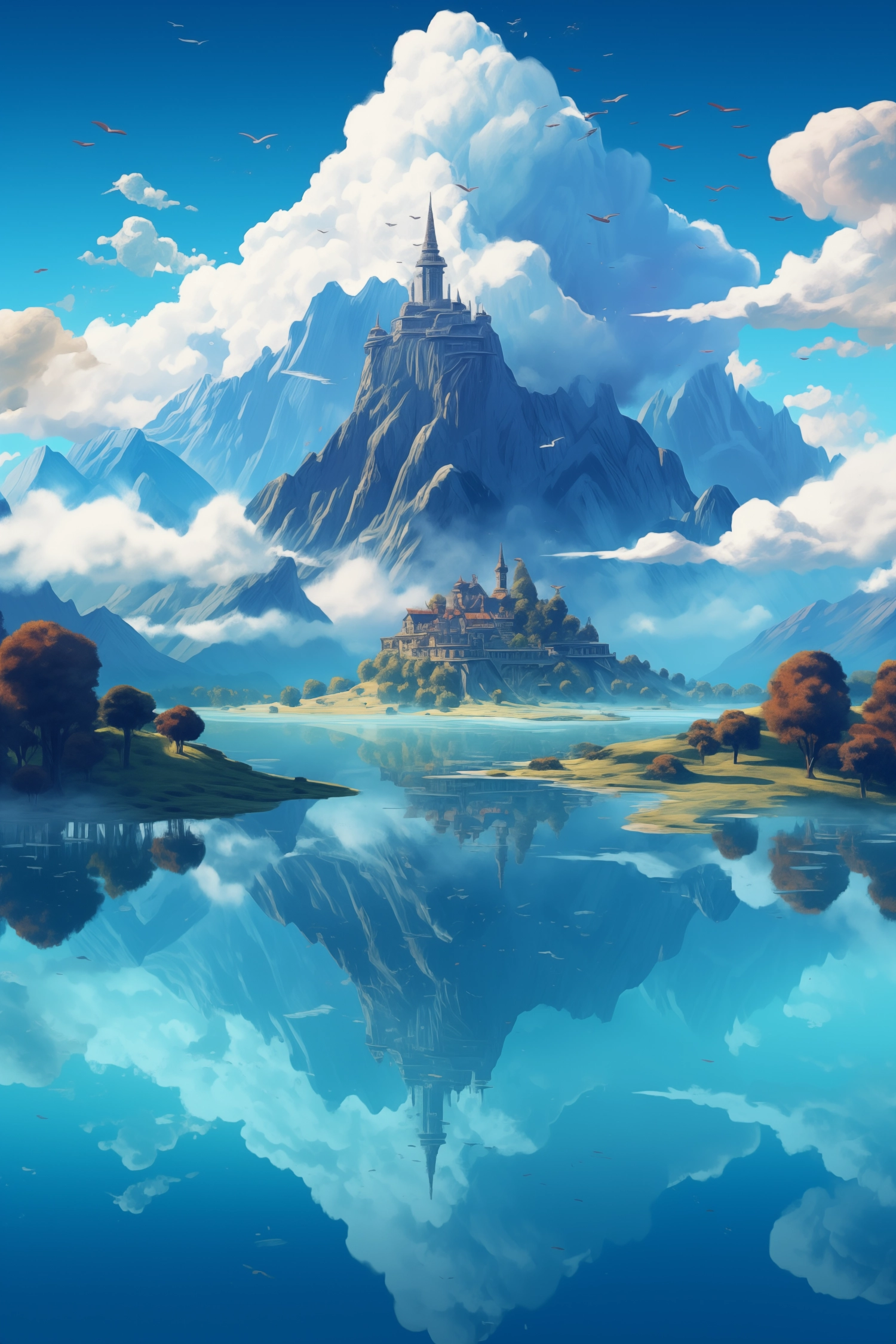 Create a surreal landscape where the sky is made of water and the mountains are floating islands