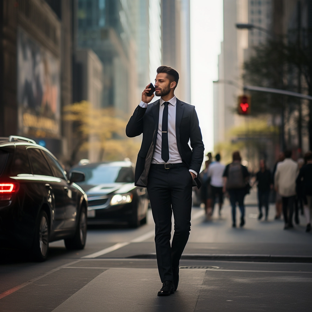 a man in business clothes walking down a major boulevard and talking on the phone