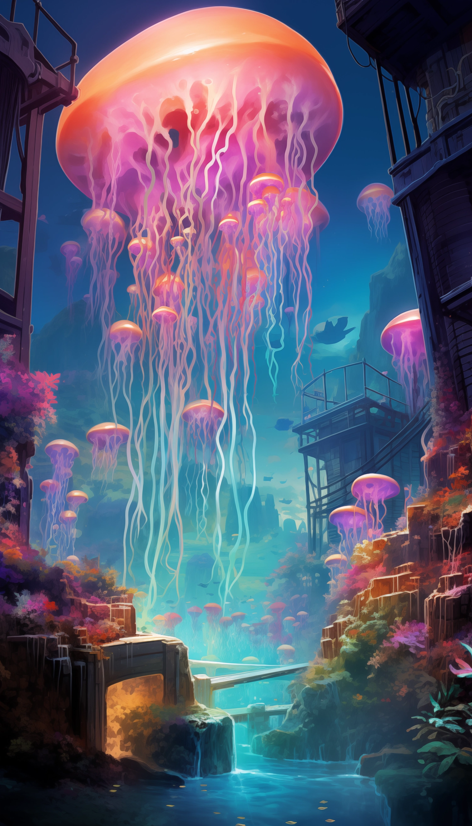 A vibrant underwater city filled with bioluminescent flora and fauna, illuminated by the soft glow of coral reefs and the ethereal shimmer of jellyfish