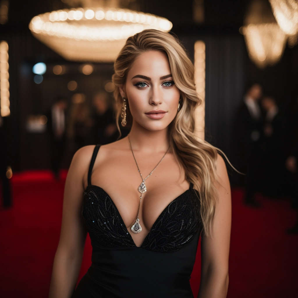 A stunning woman with flowing blonde hair and piercing blue eyes stands confidently on a red carpet, wearing a glamorous black gown with a plunging neckline and a long train. Her makeup is flawless, and she accessorizes with elegant diamond earrings and a sparkling necklace. The background is a dimly lit paparazzi-filled room, and the woman is the center of attention