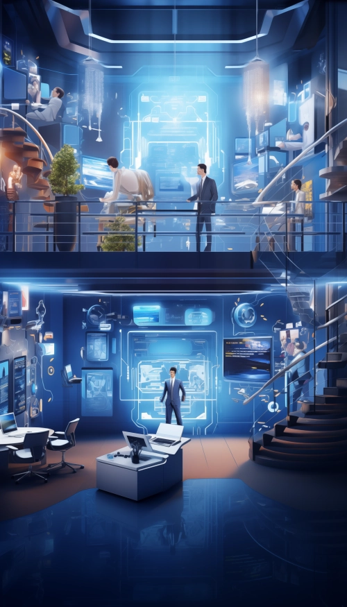 Depict a futuristic office environment where artificial intelligence plays a central role in enhancing productivity and collaboration. Showcase AI-powered tools, virtual assistants, and automated workflows transforming the traditional workplace into a dynamic, efficient, and employee-friendly space