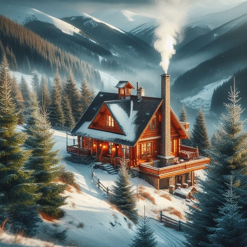 A wooden house in the mountains with a smoking chimney. winter snowy setting with green pine trees