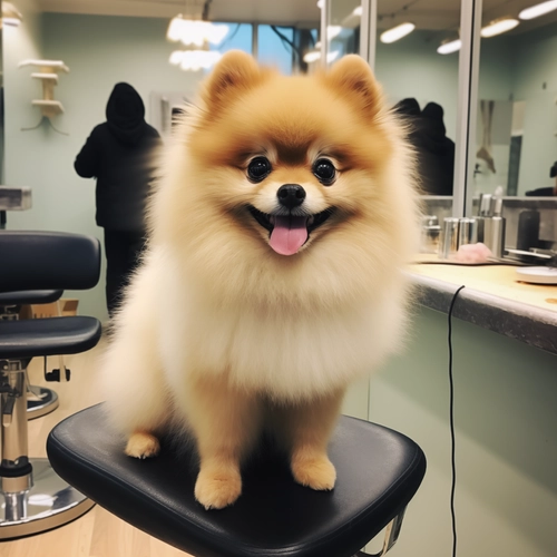 A mini spitz breed dog that is at the hairdresser's