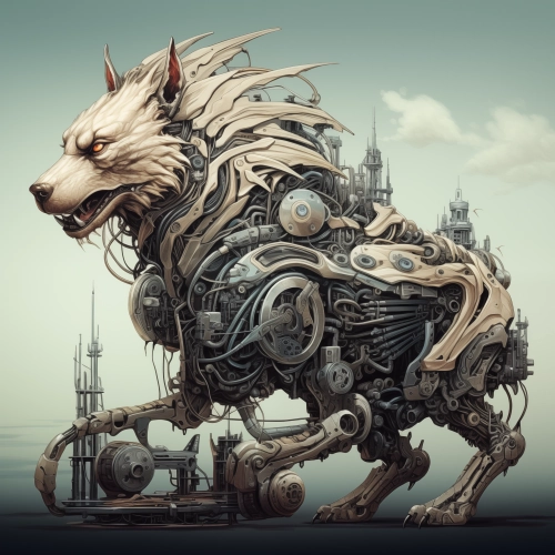 Imagine a world where animals and machines have merged to form unique hybrid creatures, and illustrate a scene from this world