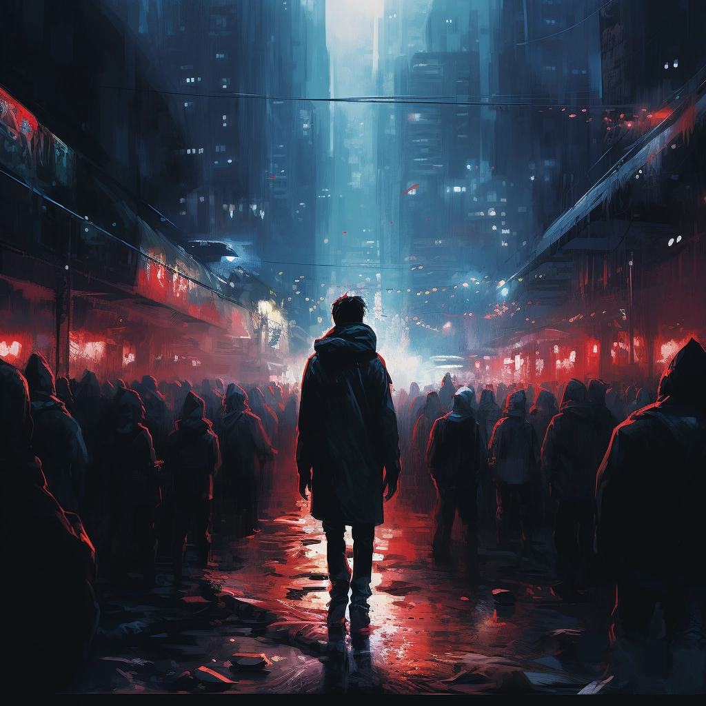 Man walking among people in darkness holding blue li